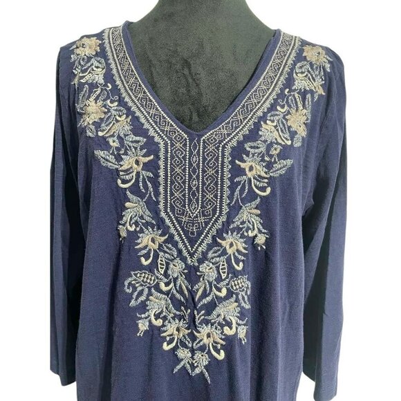 J. Jill Size Large  Top Blouse 3/4 Sleeve Embroidered Shirt Boho - Picture 2 of 7